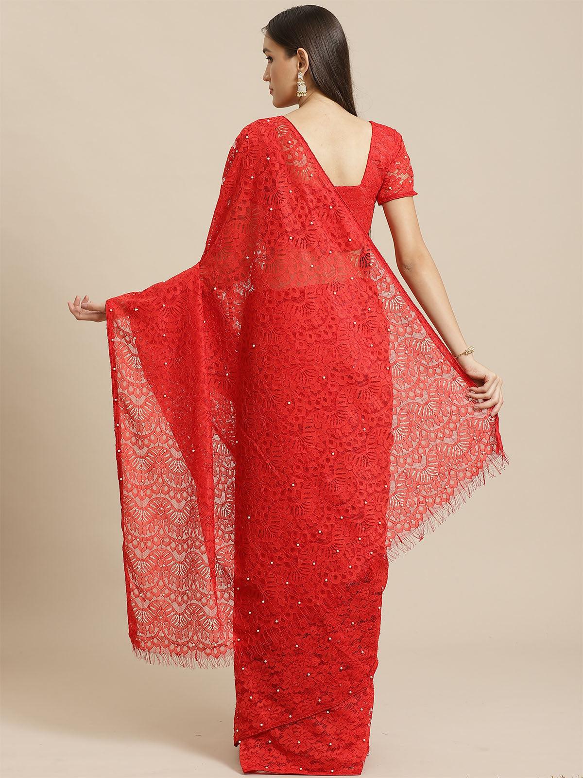 Red Party Wear Net(Super Net) Solid Saree With Unstitched Blouse - Odette