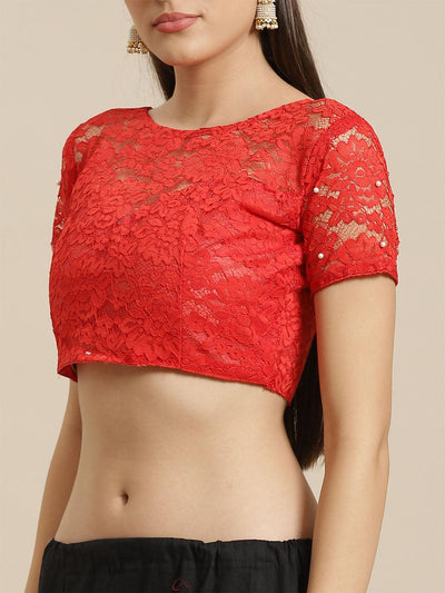 Red Party Wear Net(Super Net) Solid Saree With Unstitched Blouse - Odette