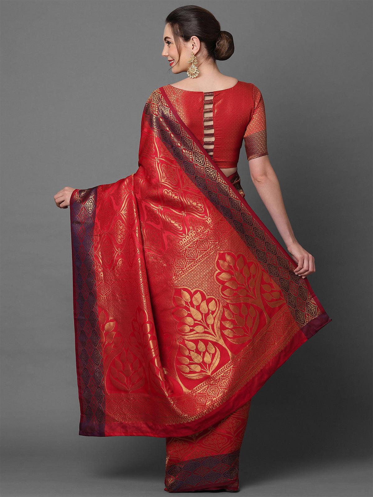 Red Party Wear Pure Satin Woven Design Saree With Unstitched Blouse - Odette
