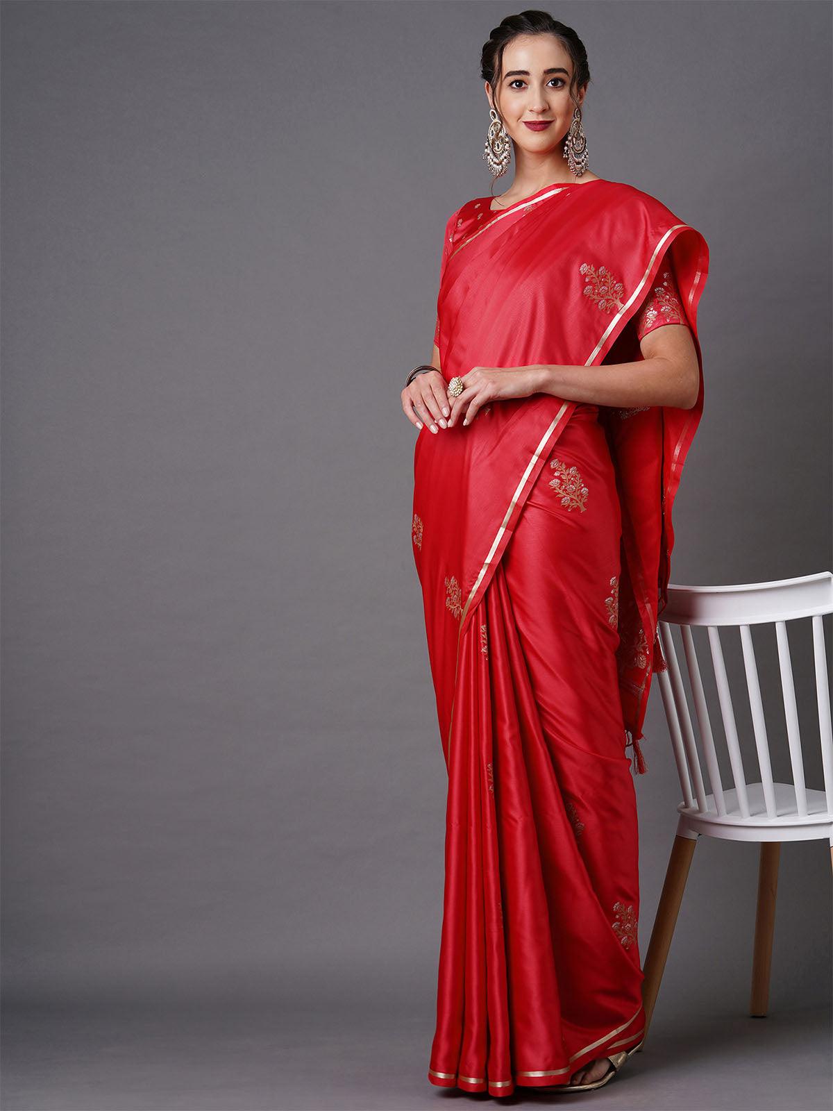 Red Party Wear Silk Blend Woven Design Saree With Unstitched Blouse - Odette