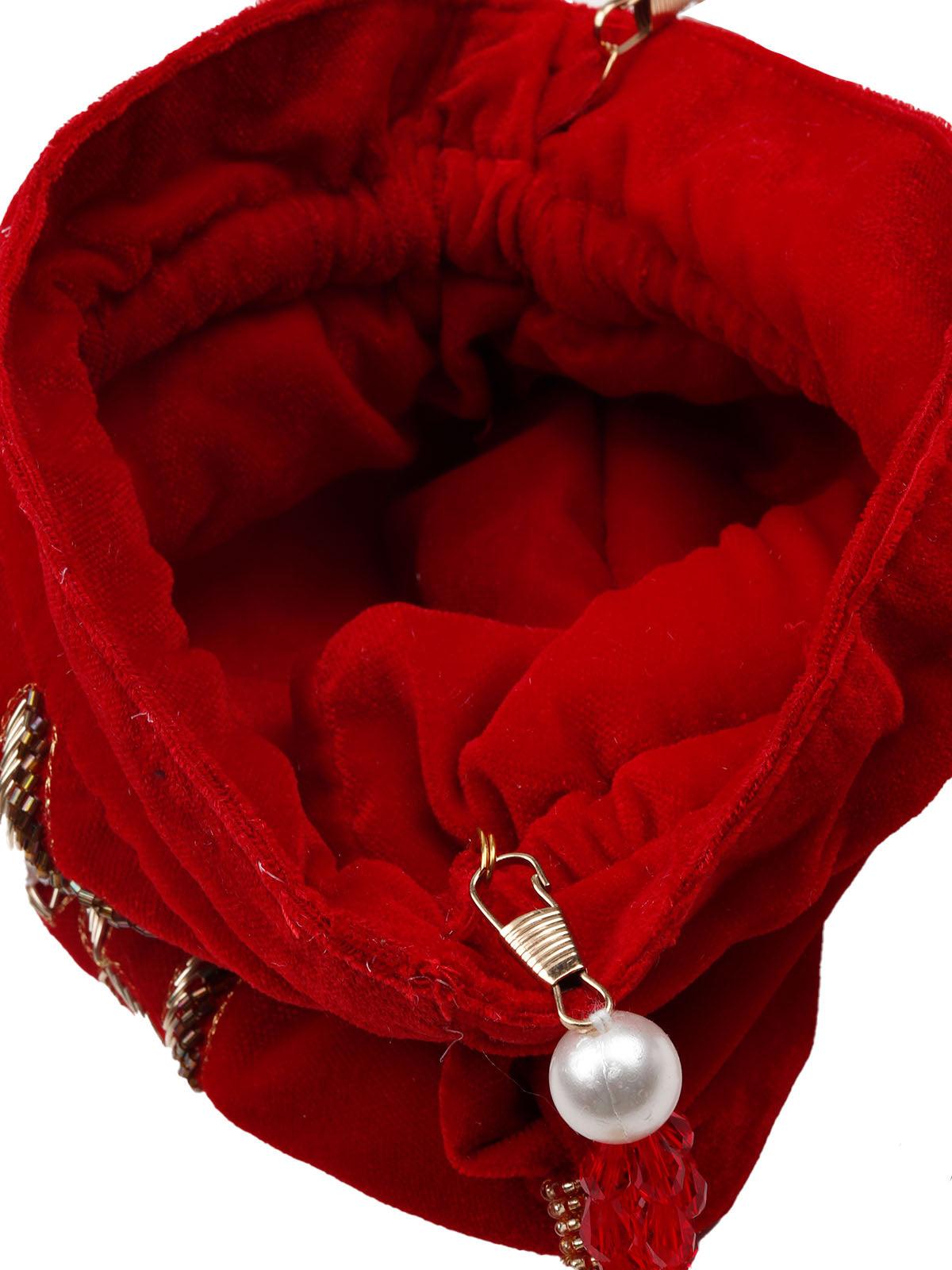 Red Potli Bag With Dabka Work - Odette