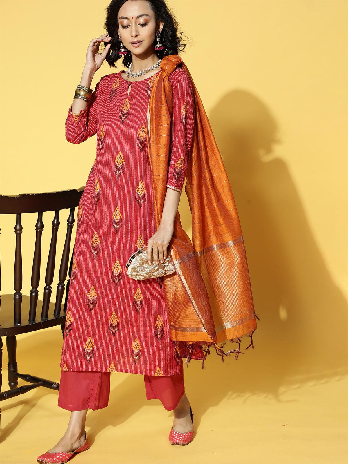 Red Printed Straight Kurta Trouser With Dupatta Set - Odette
