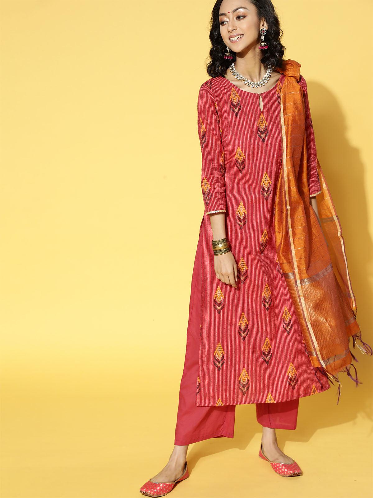 Red Printed Straight Kurta Trouser With Dupatta Set - Odette