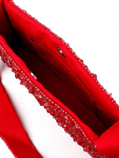 Red Sequin-Uncut Stone Hand-Held Bag - Odette