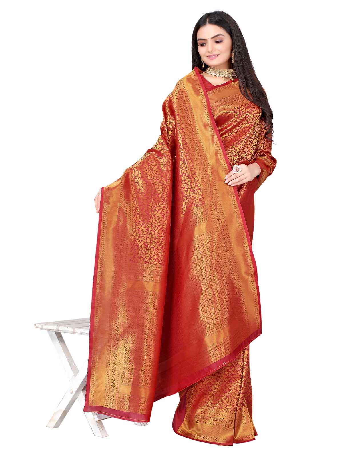 Red Silk Blend Woven Saree With Blouse - Odette
