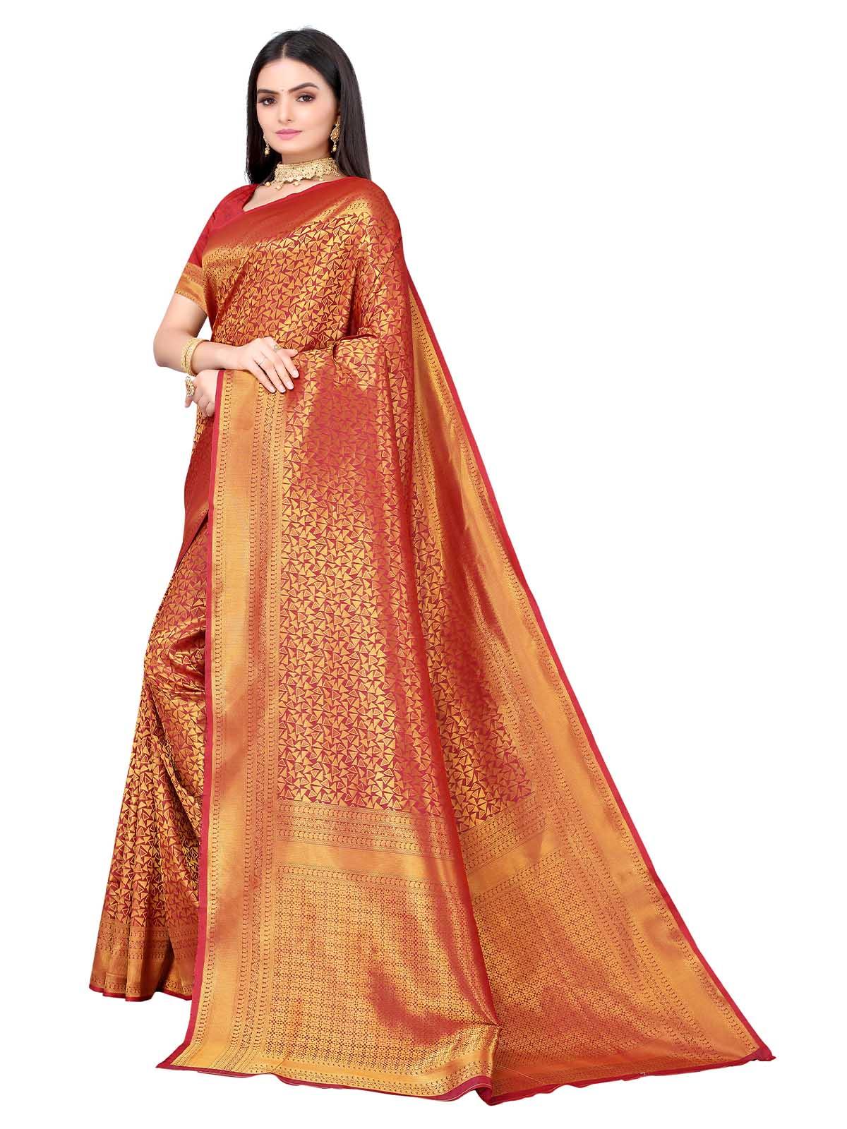 Red Silk Blend Woven Saree With Blouse - Odette