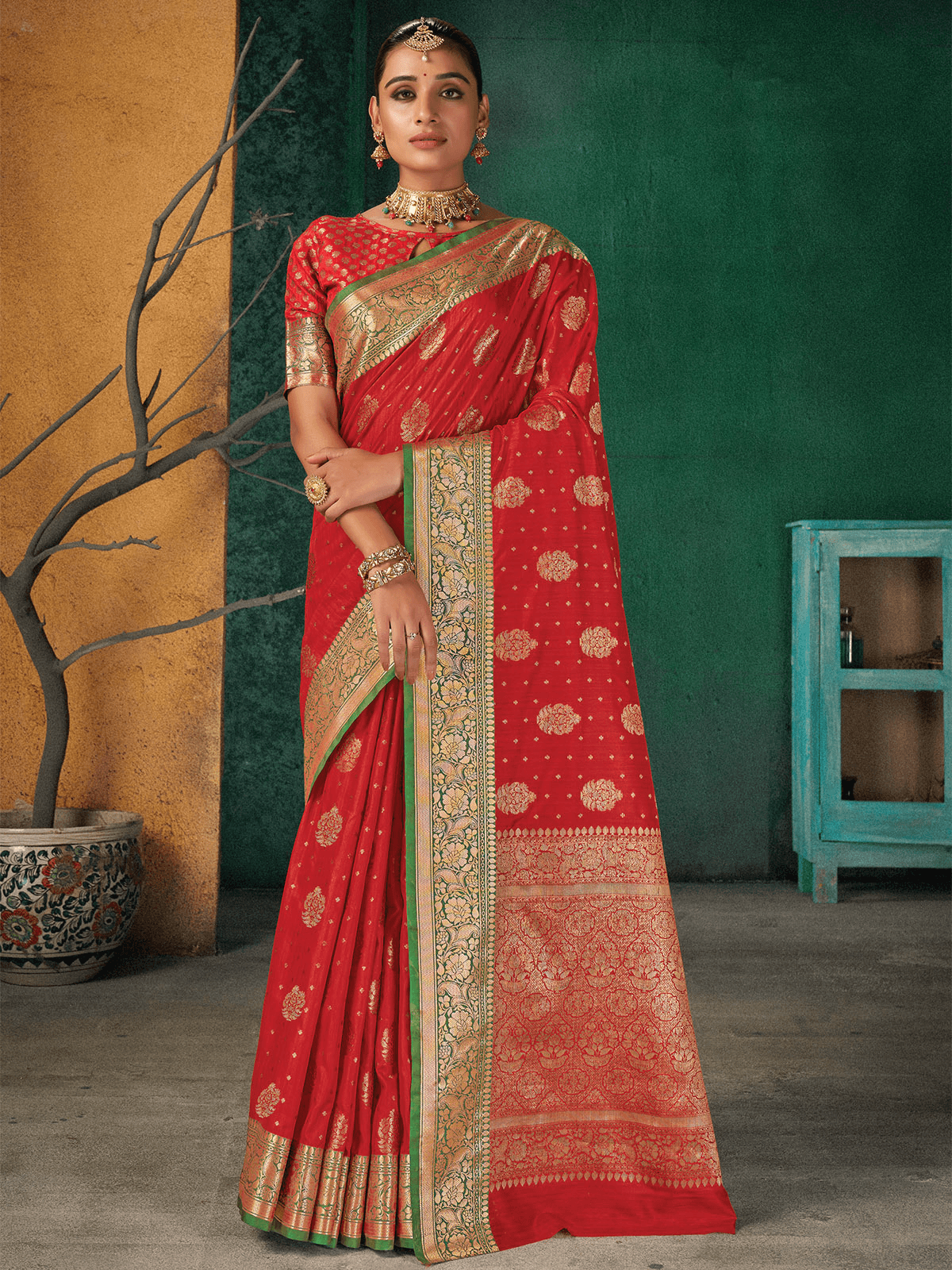 Red Silk Heavy Woven Designer Saree - Odette