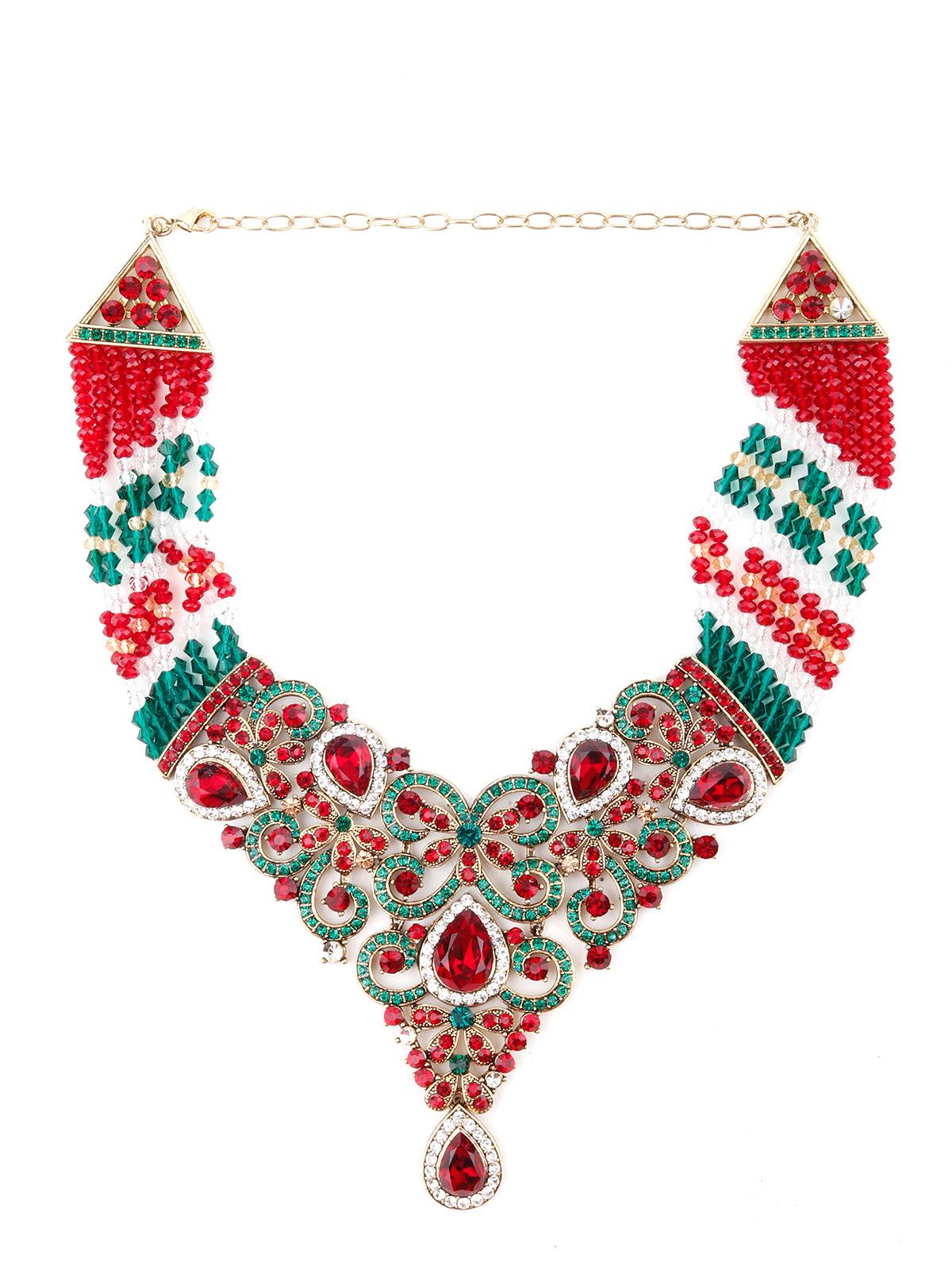Red Traditional Embellished Necklace Set - Odette