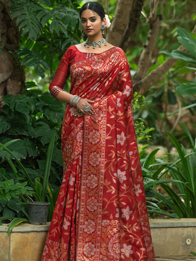 Red Tussar Silk Heavy Jamdani Saree - Odette
