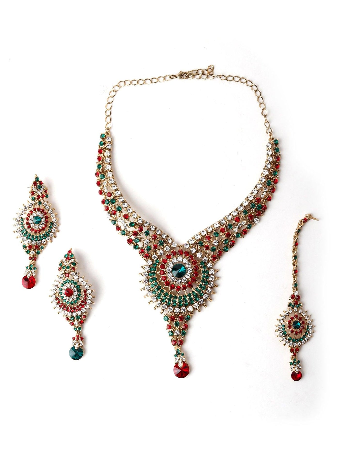 Red, White And Green Stone Studded Necklace Set - Odette