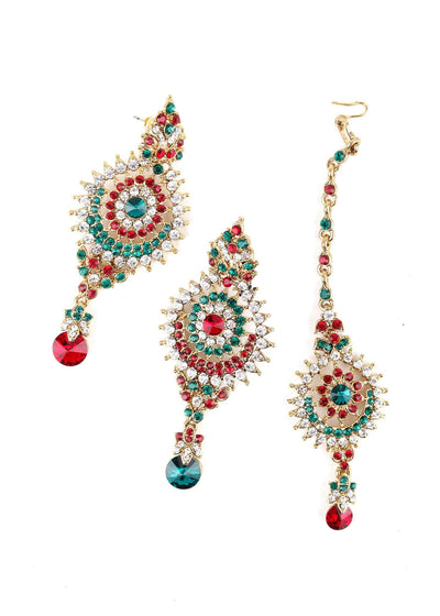 Red, White And Green Stone Studded Necklace Set - Odette