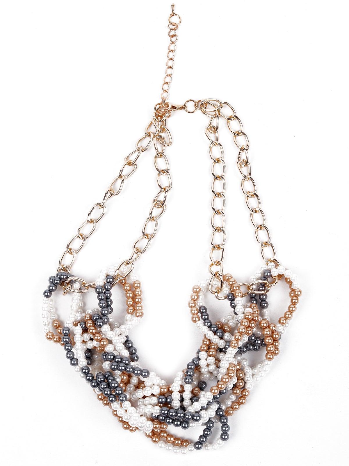 Rose Gold,Black And White Interlinked Beaded Statement Necklace. - Odette