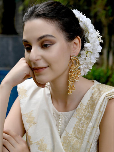 Round and half- moon ornate kundan-pearl peach earrings with jhumkas - Odette