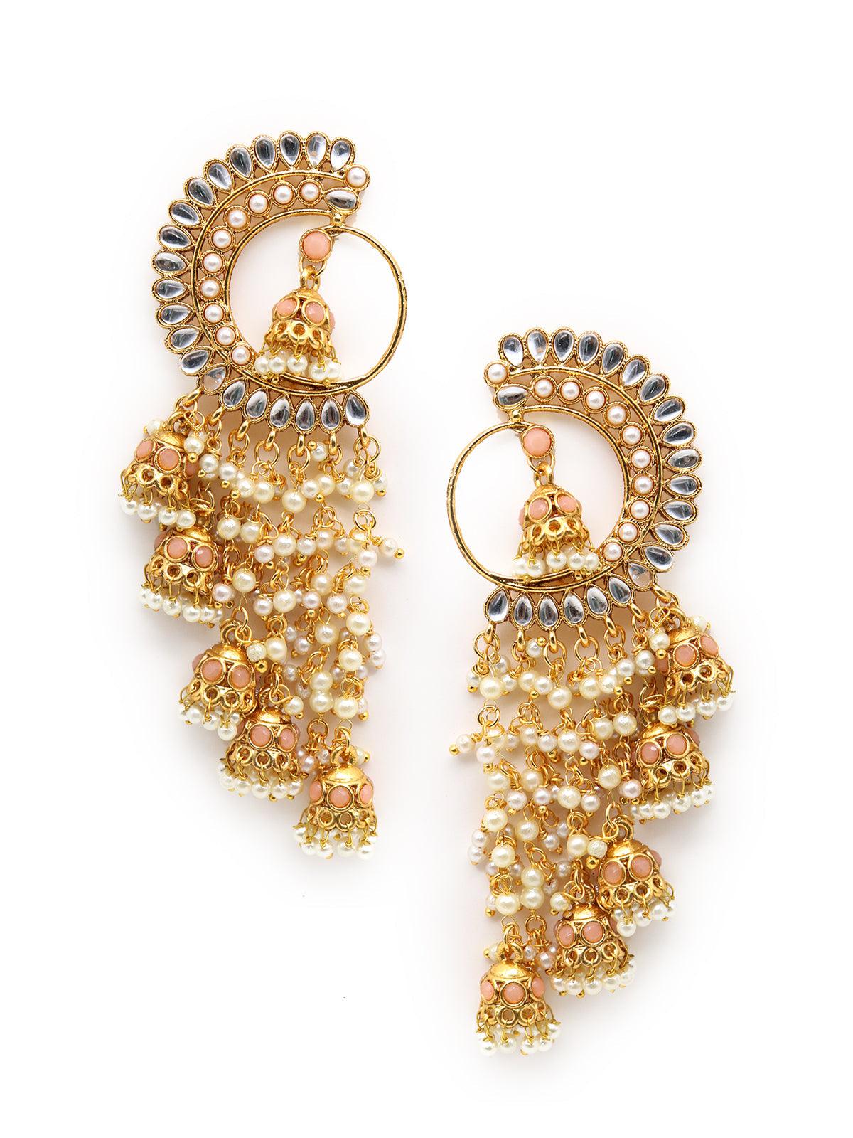 Round and half- moon ornate kundan-pearl peach earrings with jhumkas - Odette