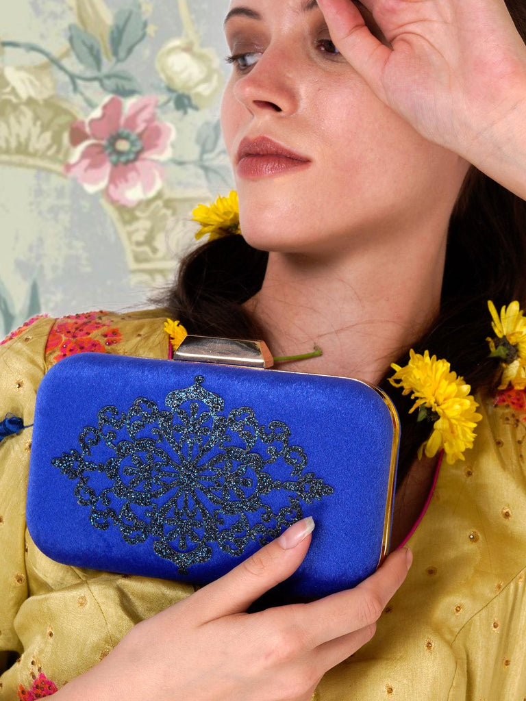 Blue top velvet clutch