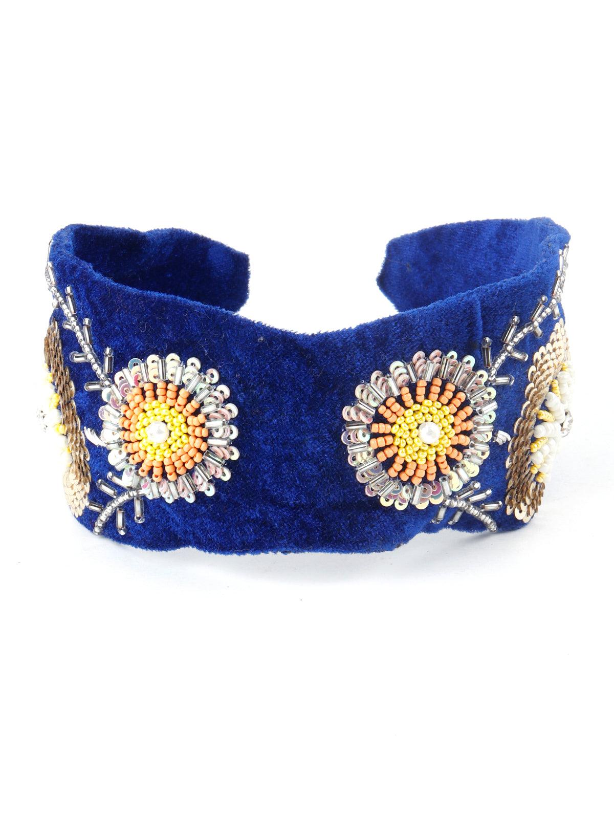 Royal Blue Velvet Hairband With Tickles And Rhinestones - Odette