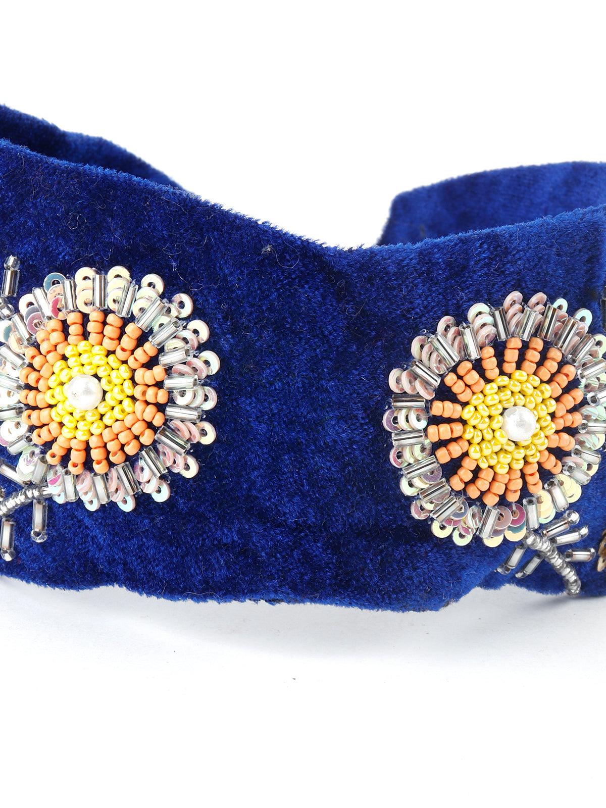 Royal Blue Velvet Hairband With Tickles And Rhinestones - Odette