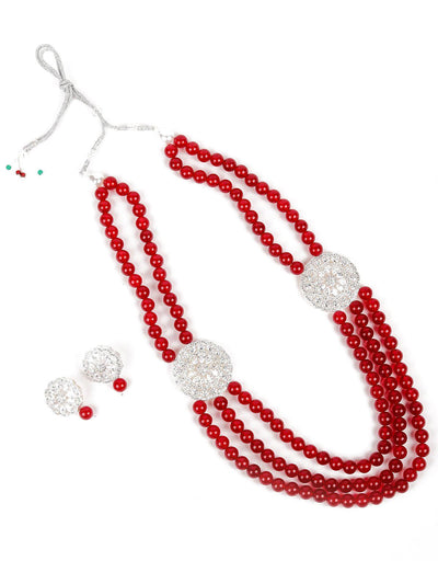 Ruby Onyx Beads Loop Necklace Set With Silver Embellishments - Odette