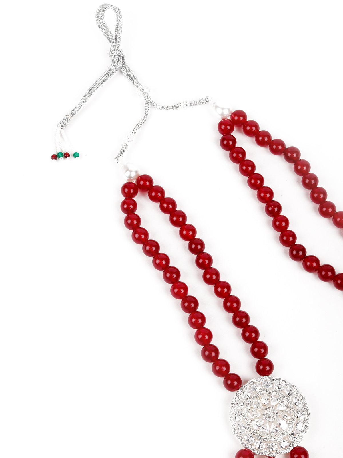 Ruby Onyx Beads Loop Necklace Set With Silver Embellishments - Odette