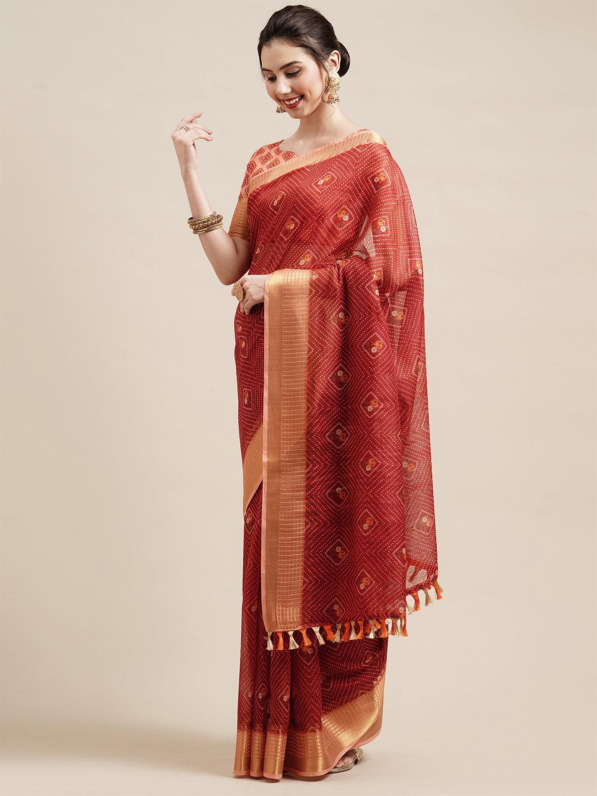 Rust Festive Linen Printed Saree With Unstitched Blouse - Odette
