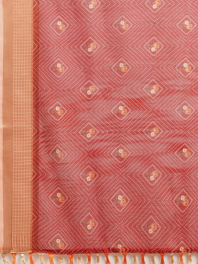 Rust Festive Linen Printed Saree With Unstitched Blouse - Odette