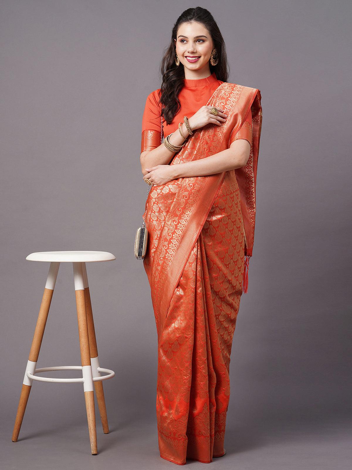 Rust Festive Silk Blend Woven Design Saree With Unstitched Blouse - Odette