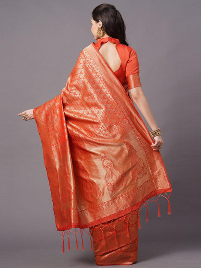 Rust Festive Silk Blend Woven Design Saree With Unstitched Blouse - Odette