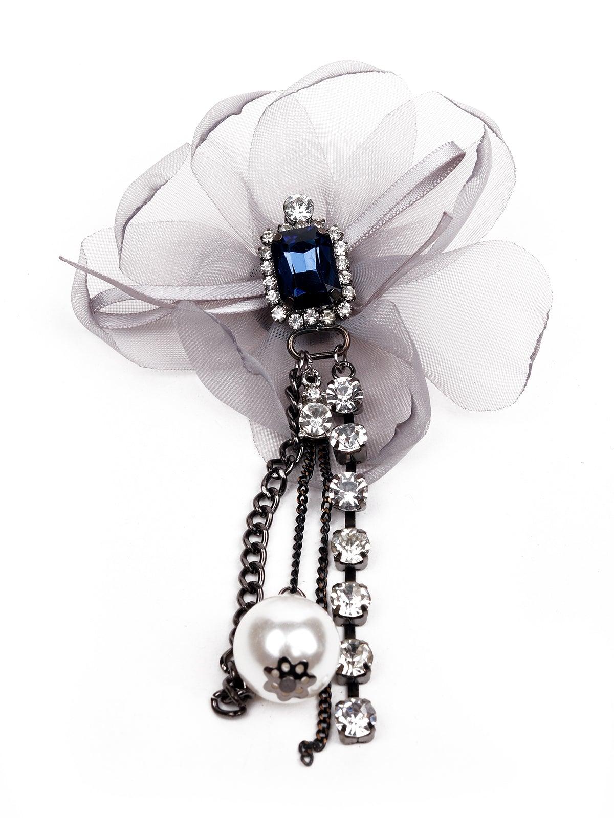 Sapphire Studded With Crystal Floral Brooch - Odette