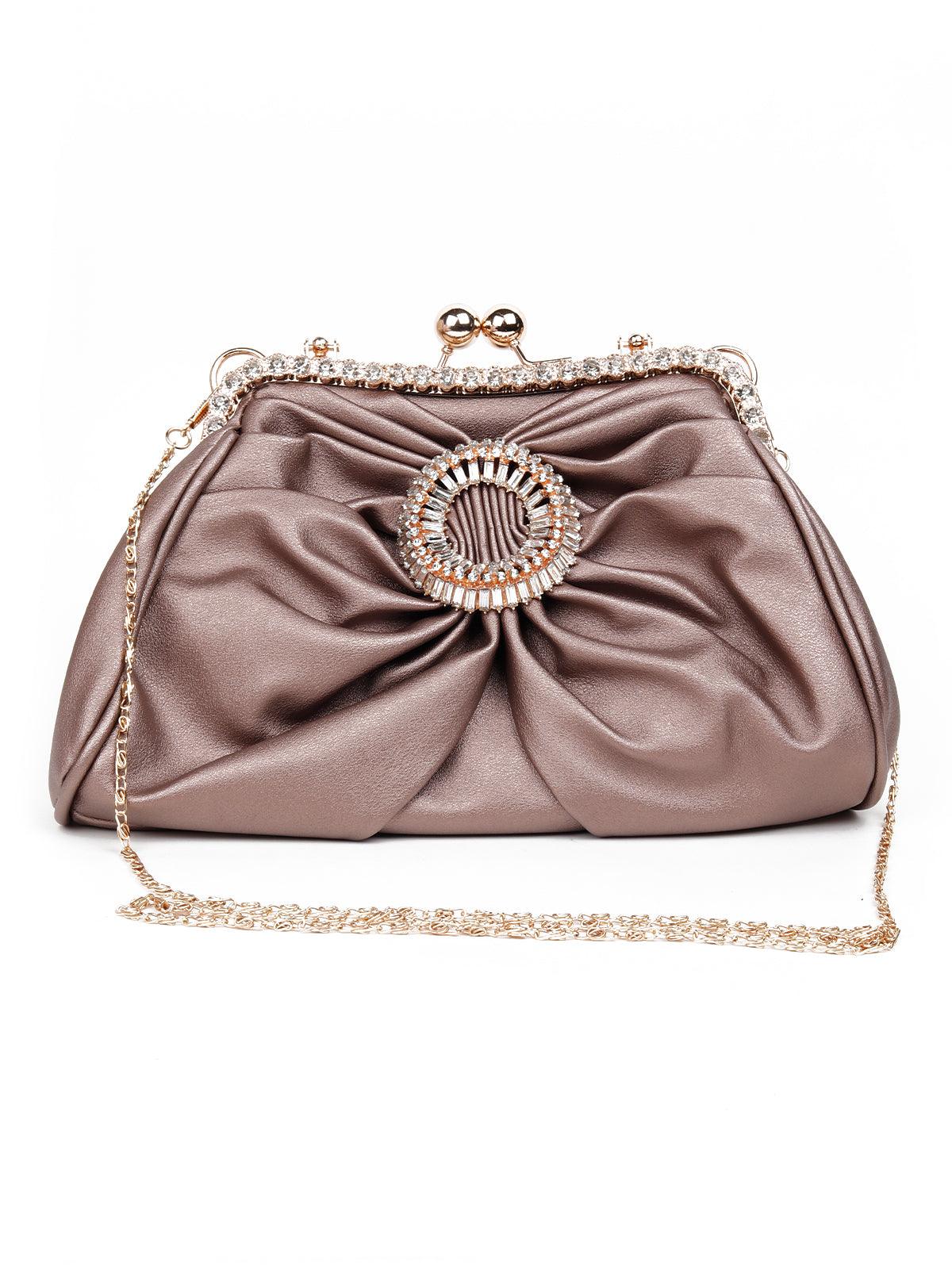 Scrunchy brown textured crystal-embellished clutch for women - Odette