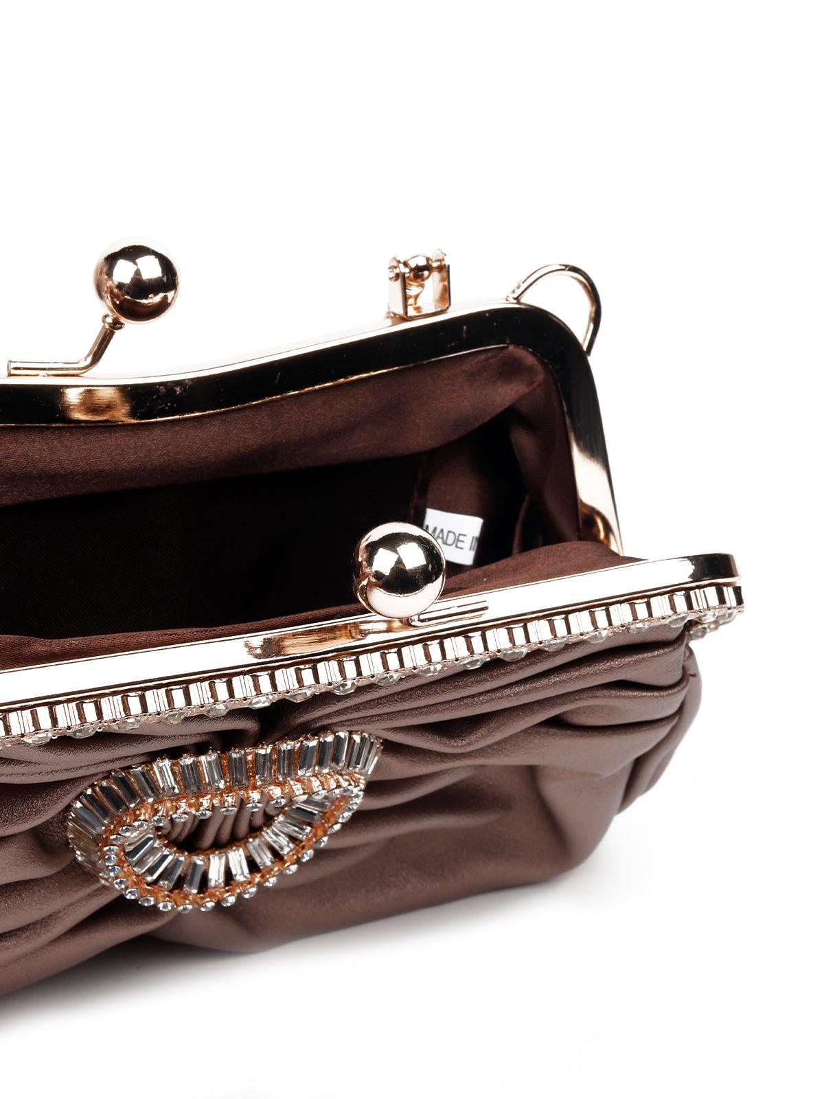 Scrunchy brown textured crystal-embellished clutch for women - Odette