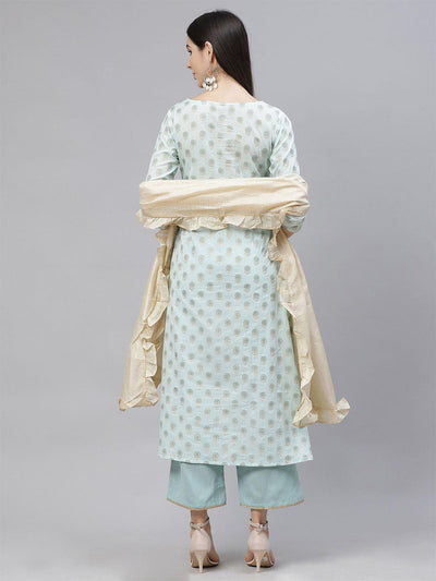 Sea Green A Line Princesses Kali With Trouser And Dupatta Set - Odette