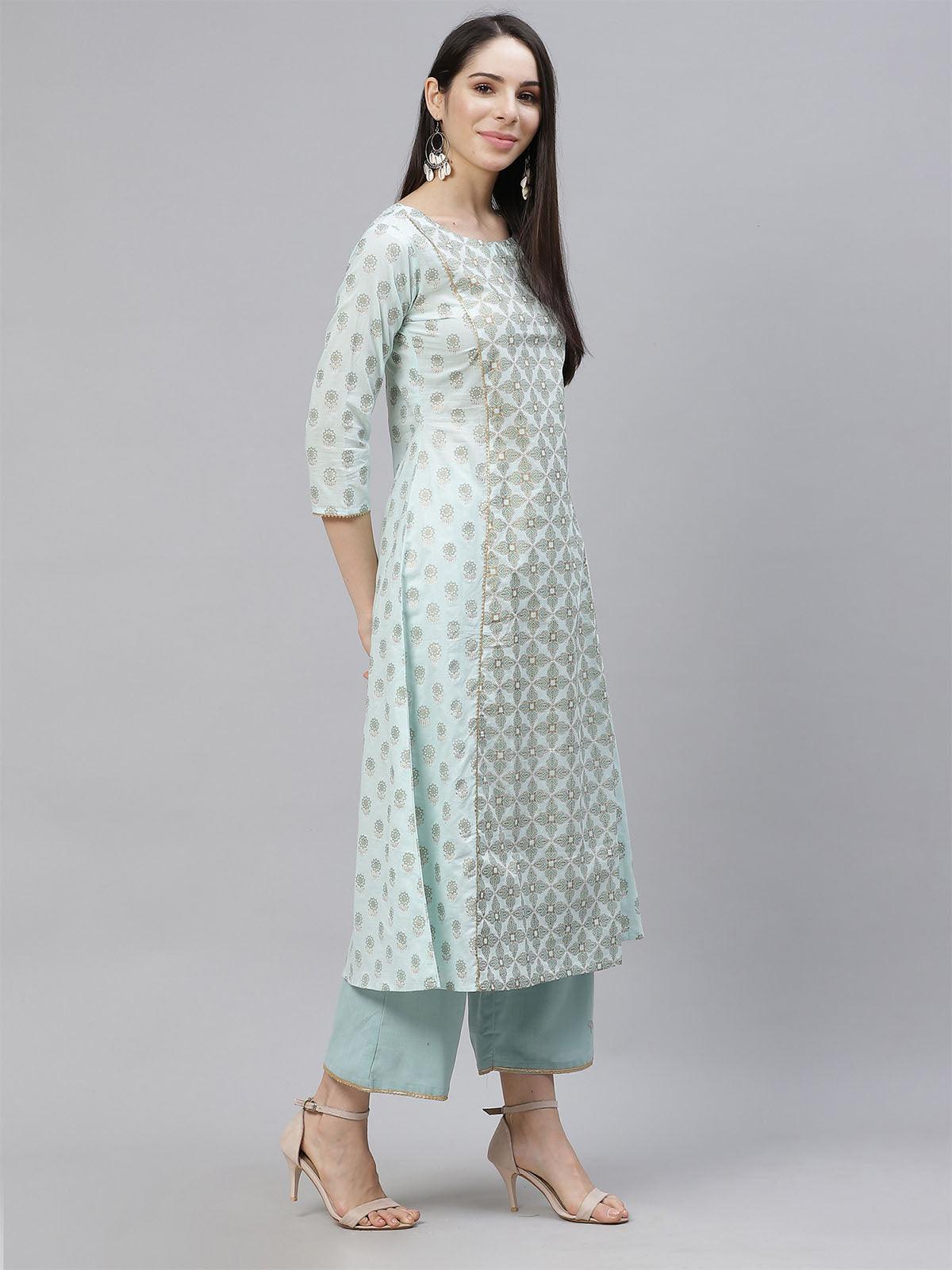 Sea Green A Line Princesses Kali With Trouser And Dupatta Set - Odette