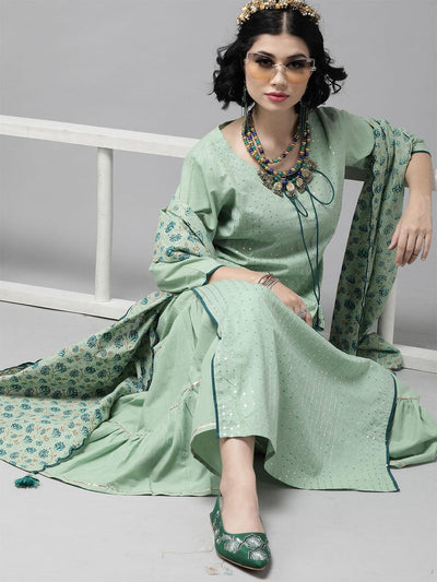 Sea Green Embroidered Straight Kurta Sharara With Dupatta Set - Odette