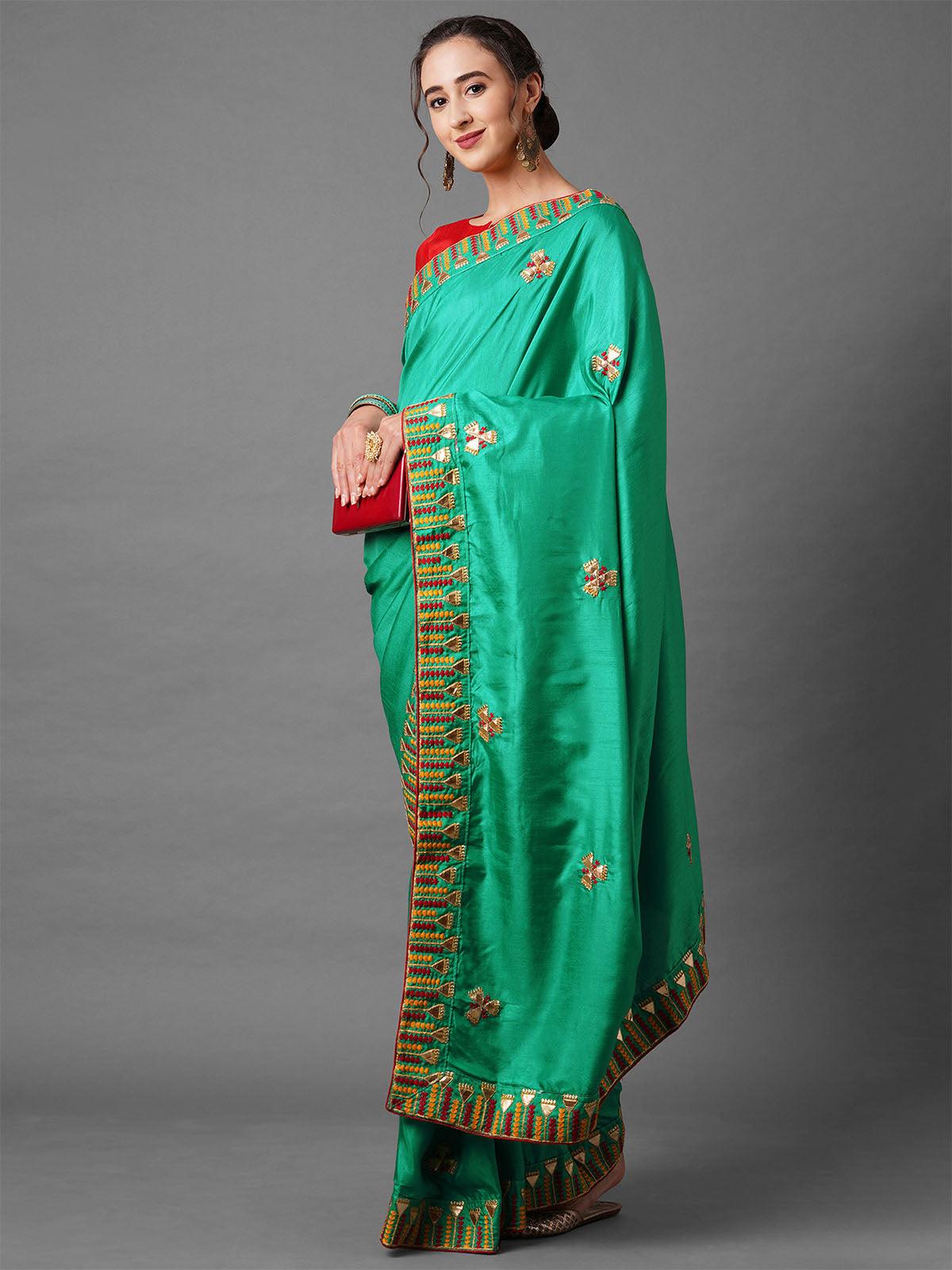 Sea Green festive Silk Blend Embroidered Saree With Unstitched Blouse - Odette