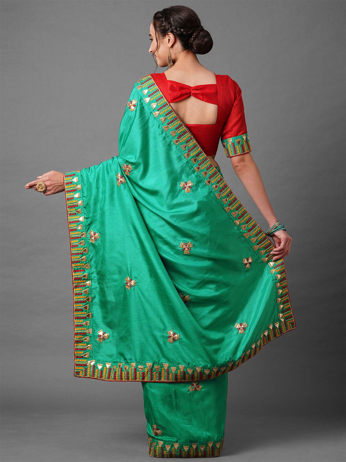 Sea Green festive Silk Blend Embroidered Saree With Unstitched Blouse - Odette