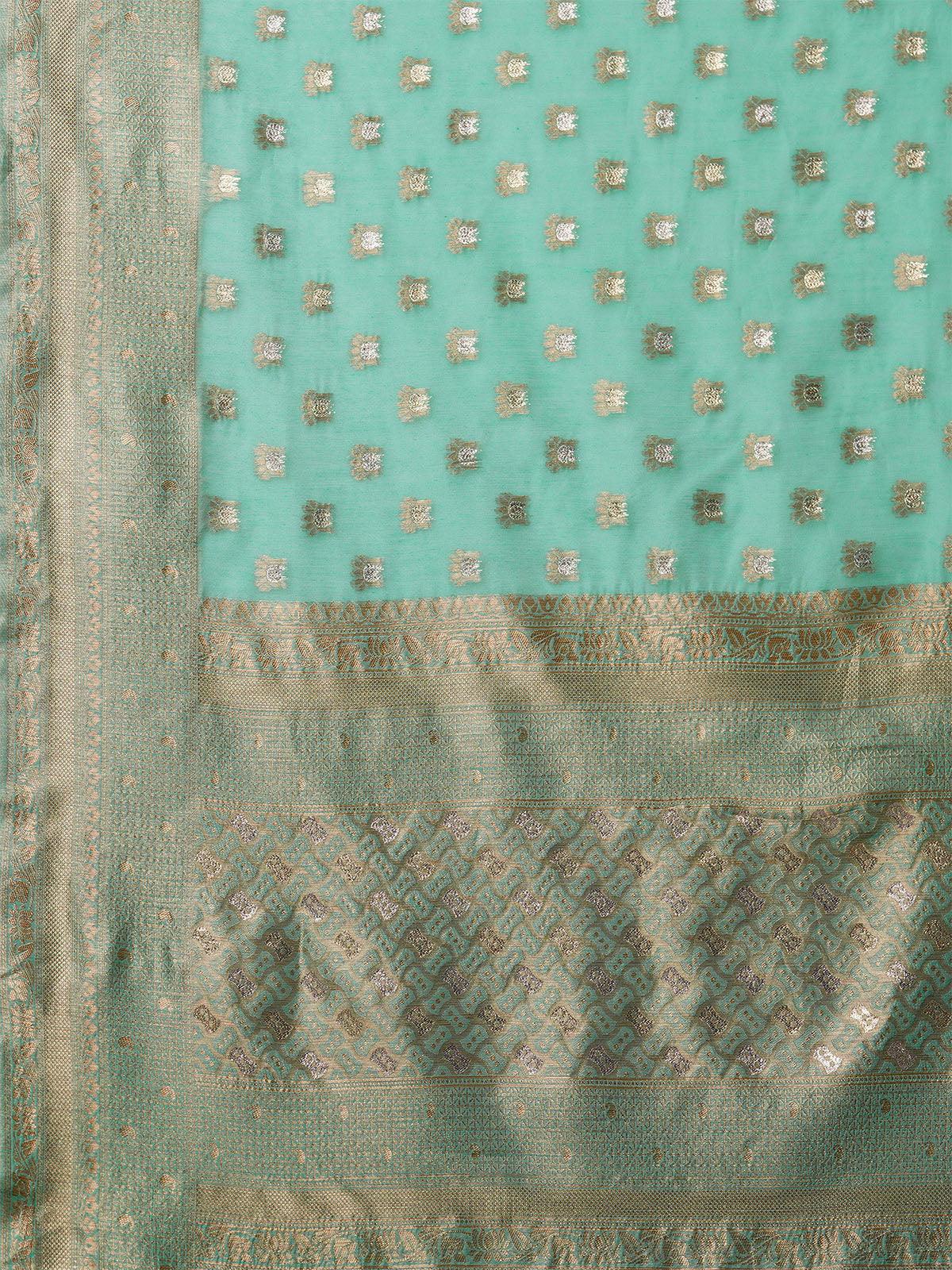 Sea Green Festive Silk Blend Woven Design Saree With Unstitched Blouse - Odette