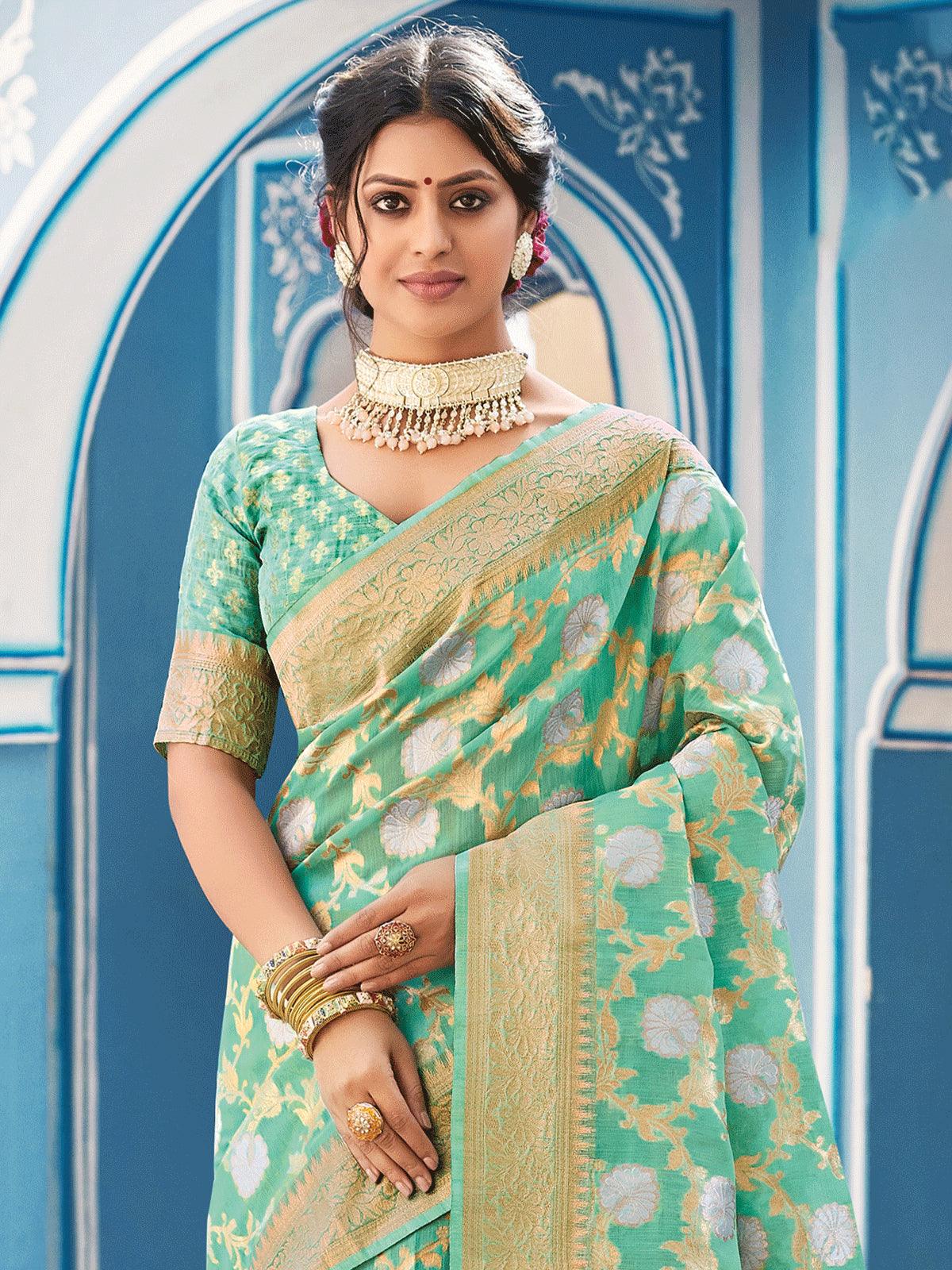 Sea Green Linen Woven Design Saree With Blouse Piece - Odette