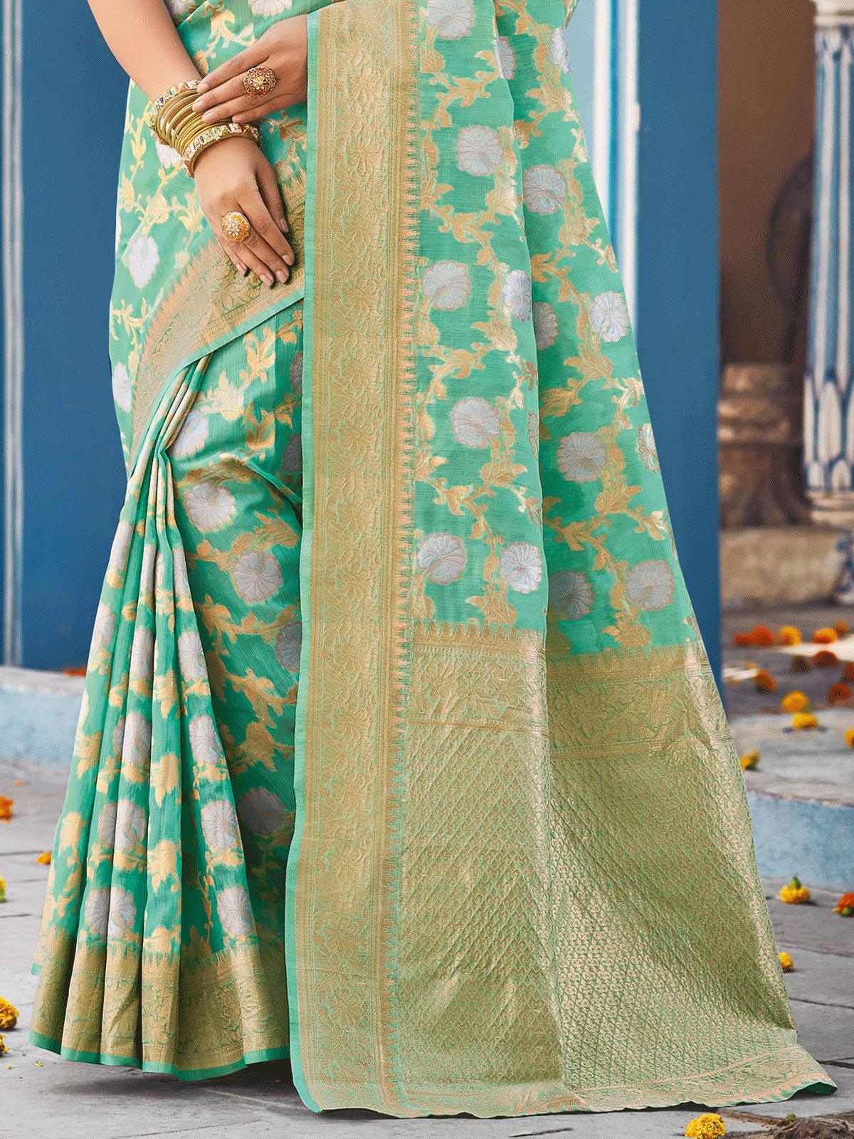 Sea Green Linen Woven Design Saree With Blouse Piece - Odette