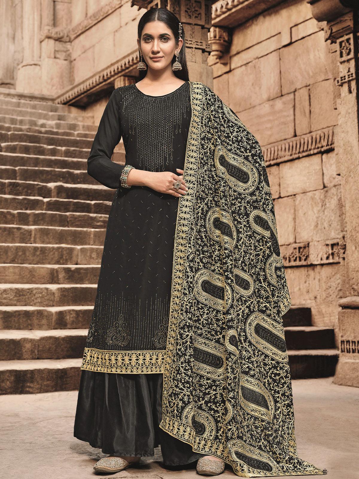 Sea Green Unstitched Embellished Dress Material With Embroidered Dupatta - Odette