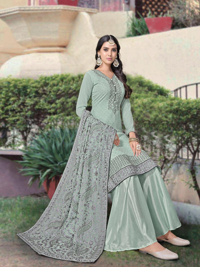Sea Green Unstitched Embroidered Dress Material With Dupatta - Odette