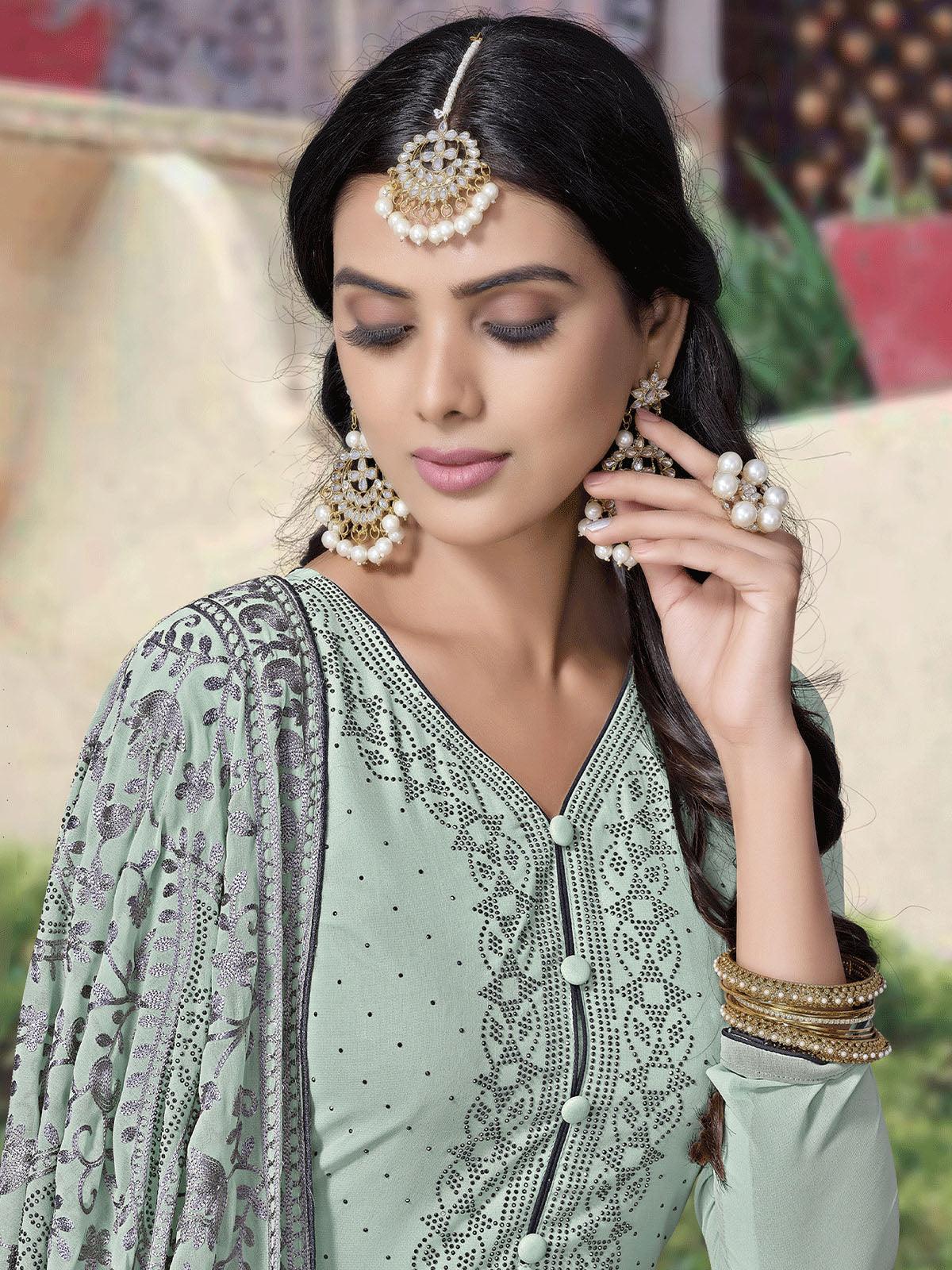 Sea Green Unstitched Embroidered Dress Material With Dupatta - Odette