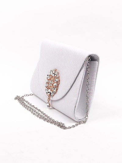Shimmering cute white sling bag with a brooch - Odette