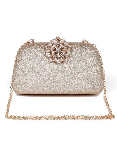 Shimmering gold floral studded clutch/sling bag - Odette