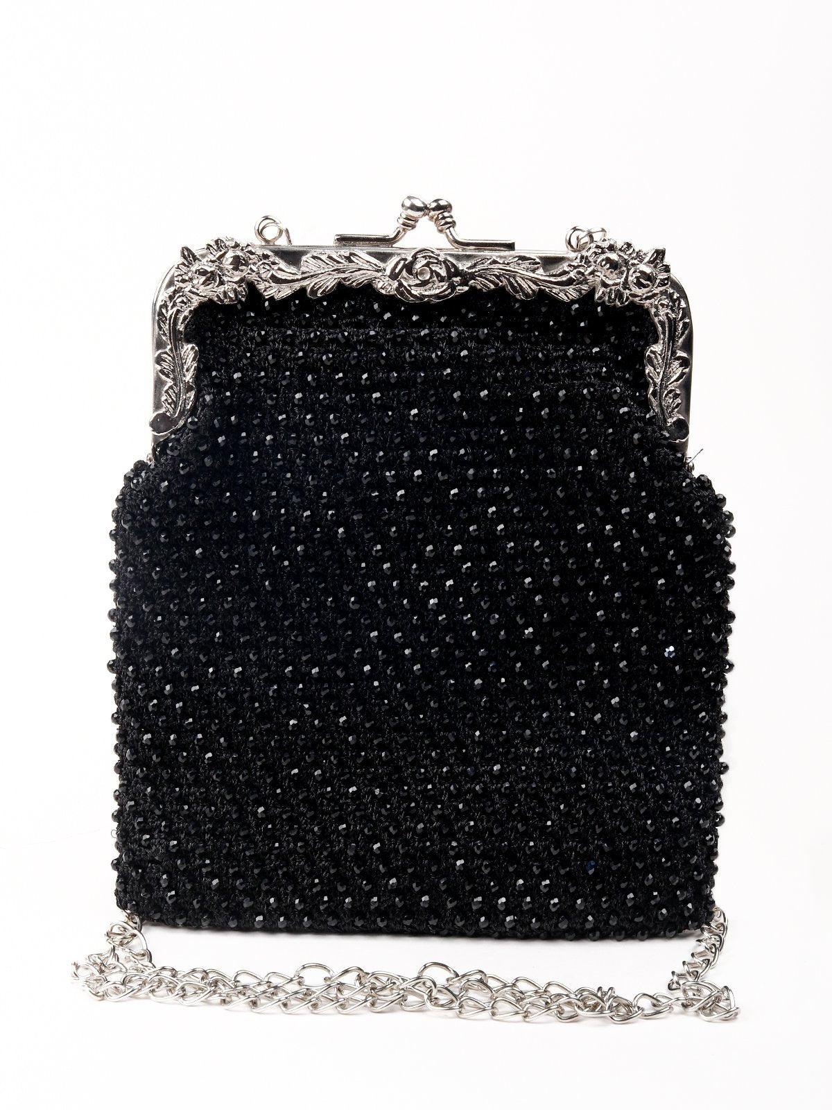 Shining black,floral border sling bag - Odette