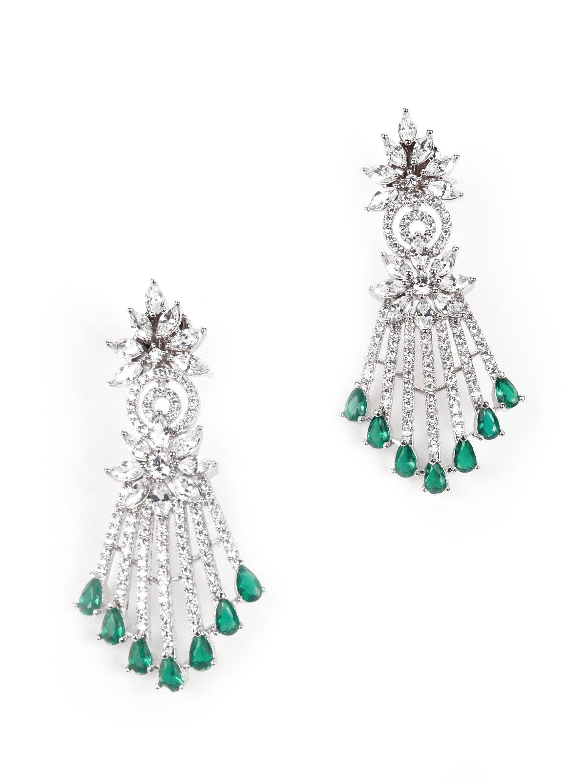 Shinny Crystal And Emerald Embellished Necklace With Earrings - Odette