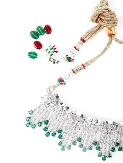 Shinny Crystal And Emerald Embellished Necklace With Earrings - Odette