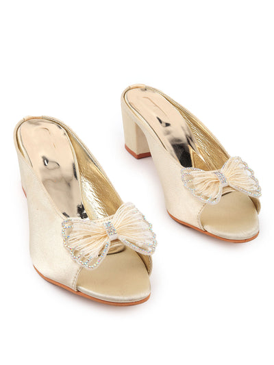 Odette Women Beige Shiny Square Heel Mules With A Bow