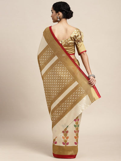 Silk Blend Beige Printed Saree With Blouse Piece - Odette