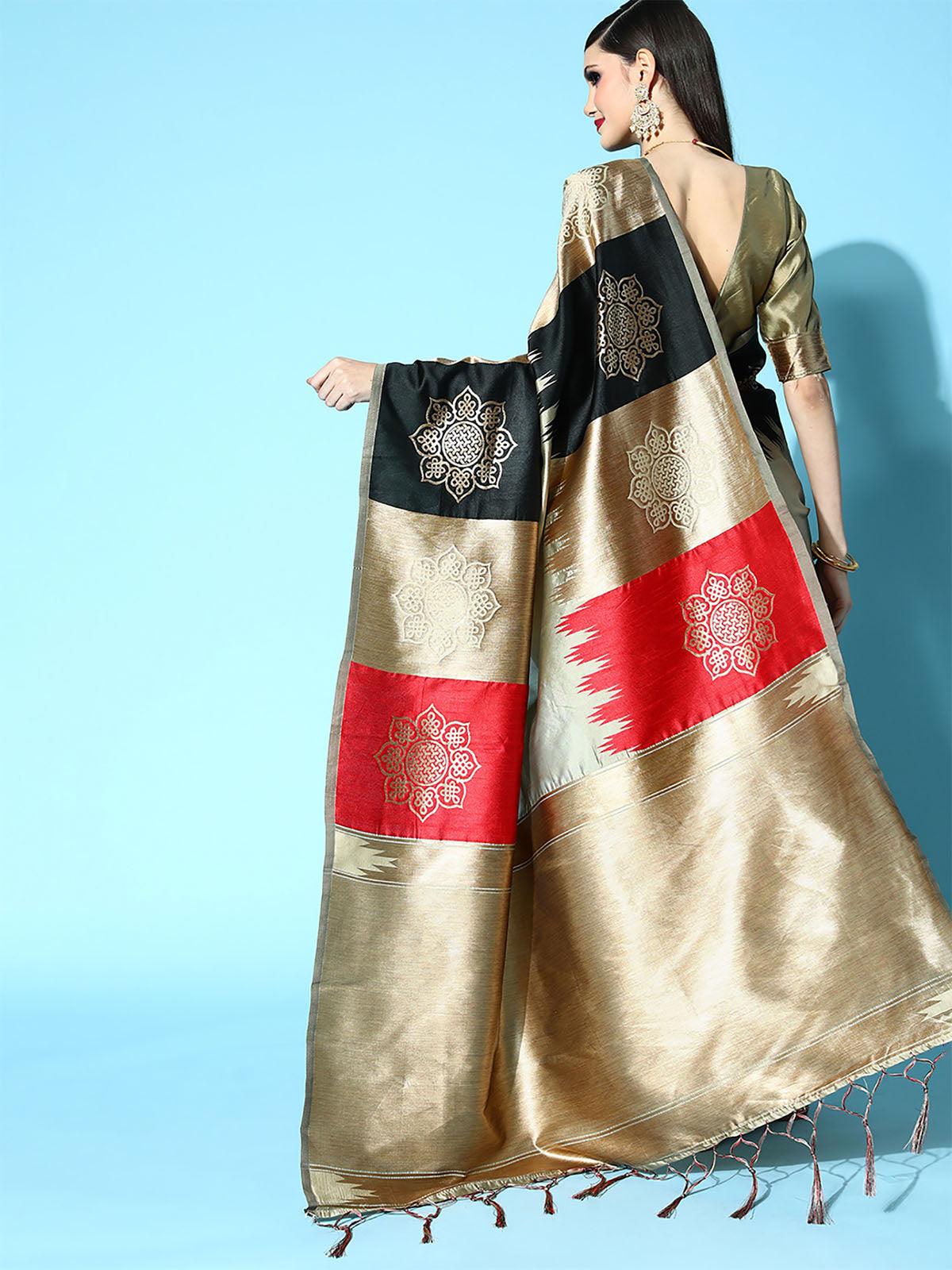 Silk Blend Beige Woven Design Saree With Blouse Piece - Odette