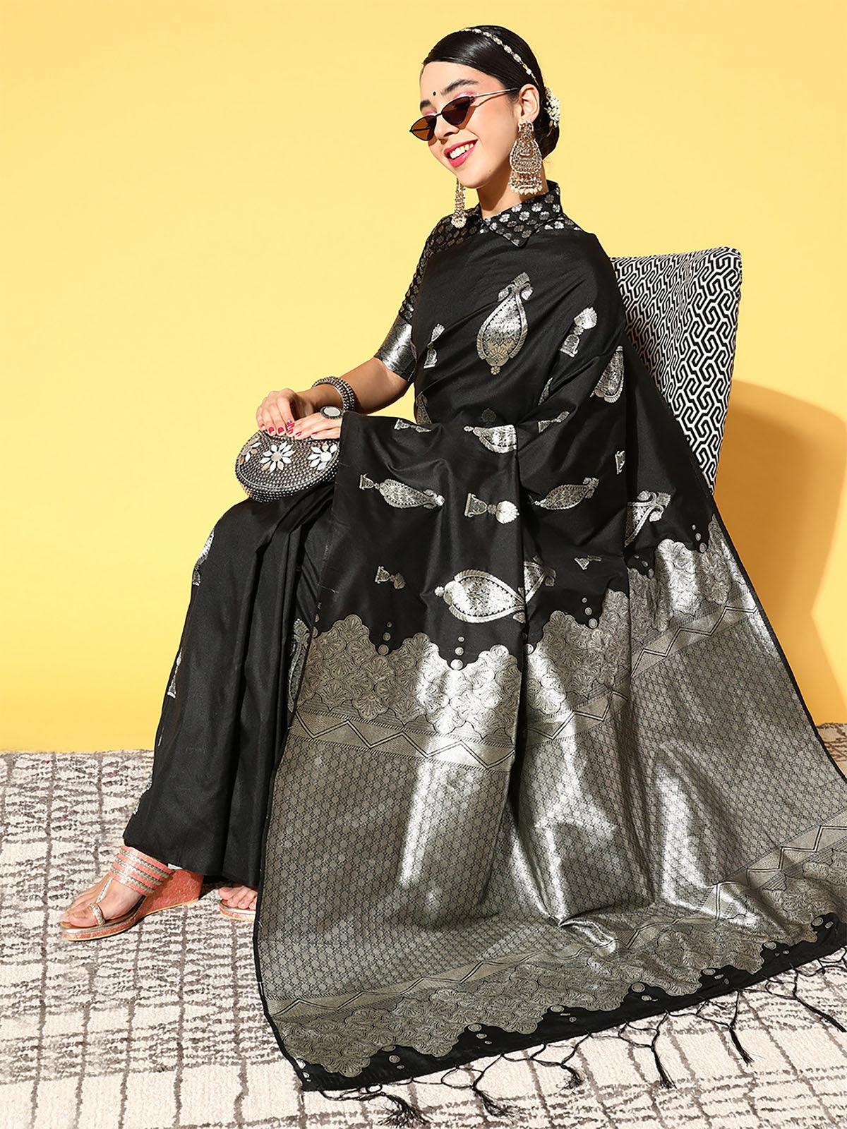 Silk Blend Black Woven Design Saree With Blouse Piece - Odette